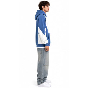 Sweat-shirt à capuche décontracté pour homme, bleu et blanc, à blocs de couleur, manches raglan, motif gaufré, coupe oversize, pour l'automne - Product Image 6