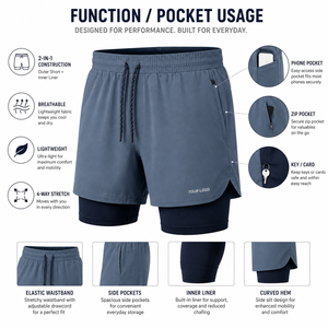Pantalones cortos de entrenamiento 2 en 1 para hombre Steel Blue Core con cintura elástica y bolsillos laterales, de secado rápido y ajuste deportivo - Product Image 3