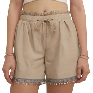 HYPEN SPORTS Women's Casual Bermuda Shorts Regular Fit High <b>Elastic</b> Waist Solid <b>Lace</b> Trim Breathable Linen/Cotton Streetwear - Product Image 6