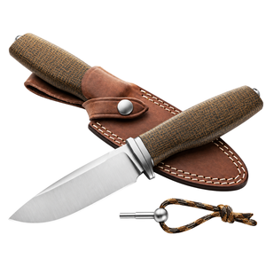 Cuchillos de Caza de Hoja Fija con Mango Texturizado Marrón y Negro, Hoja de Acero Plateado, Funda de Cuero Marrón para Camping y Senderismo - Product Image 1