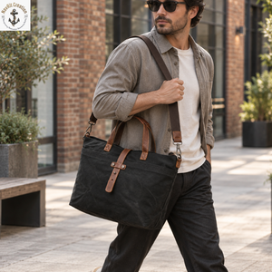 Black <b>Waxed</b> <b>Canvas</b> Tote Bag with Carry Handles and Snap Closure | Everyday Shoulder Bag with Detachable Strap for Daily Travels - Product Image 3