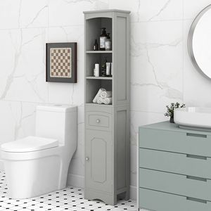 Armadio Alto Autoportante per Bagno in MDF con Ripiano Regolabile e Cassetto, Colore Grigio - Product Image 2