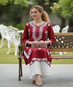Trending Cotton Embroidered <b>Kurti</b> Pant Set for Women Daily Wear Ethnic Co-Ord Set Wholesale Collection Maroon Casual Wear 84528 - Product Image 2
