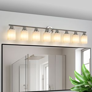 Applique da Parete Moderna a 8 Luci da 52 Pollici, Finitura Nichel Spazzolato, Paralumi in Vetro Satinato per Illuminazione Bagno e Corridoio, Senza Lampadine - Product Image 1