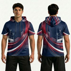 Grey Crimson Racing Lines Hooded <b>T</b> <b>Shirt</b> Breathable <b>Polyester</b> Sublimation Moisture Wicking Athletic Half Sleeve <b>Shirts</b> - Product Image 3