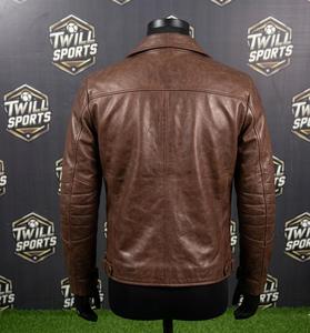 Blouson moto en cuir marron pour homme, col rabattu, fermeture éclair, coupe ajustée, vêtement d'extérieur pour l'automne - Product Image 3