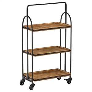 Three‑Tier Rolling Cart with Black Metal Frame Wooden <b>Shelves</b> Raised Edges Handlebar Mobile Trolley <b>Rustic</b> Industrial - Product Image 1