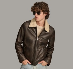 Chaqueta de hombre de piel de oveja auténtica con cuello con cremallera, chaqueta de invierno estilo motero - Product Image 1