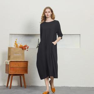Premium Black O-Neck Linen Midi <b>Dress</b> With Short Sleeve Boho <b>Loose</b> Fit Cotton Summer Casual Daily Wear - Product Image 3