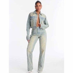Chaqueta vaquera corta para mujer con adornos de cristales de imitación, manga larga, cuello vuelto, estilo primavera - Product Image 3