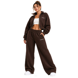 Bulk Hoodies Chocolate <b>Brown</b> Stand Collar Cropped Zip Women Jacket Tracksuit Wide Leg <b>Jogger</b> Set Custom GSM Heavy Cotton Fleece - Product Image 1
