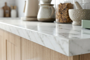 Mueble de Cocina Moderno de Aglomerado Essence K409ZV(L) con Encimera de Melamina Blanco Roble y Mármol, Cajón, Estante para Panadería y Soporte para Microondas - Product Image 3