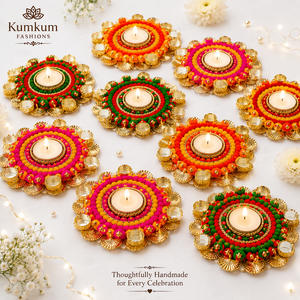 Support de bougie chauffe-plat tendance en Gota Patti fait main indien avec pompons Rangoli pour Noël, mariage, Diwali, décoration festive pour la maison - Product Image 1