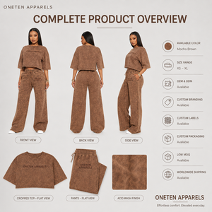 Ensemble sportif pour femme avec logo personnalisé, délavé à l'acide, couleur marron mocha, comprenant un haut court et un pantalon large, pour un usage quotidien décontracté, séchage rapide - Product Image 5