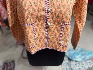 Quilted Cotton Jacket Women Floral Print Mandarin Collar Full Sleeve Autumn Style <b>Covered</b> <b>Button</b> Closure GIFT FOR HER - Product Image 3