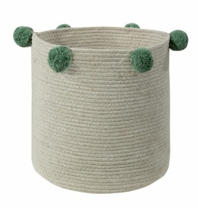Beige Macrame <b>Basket</b> With Green Pom Pom Detail Stylish Storage Organizer For Home Decor Laundry Toys And Gifting Use From India - Product Image 6