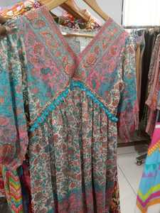 Vibrant Geometric Cotton Bohemian Kaftan Tunic Multicolor Zigzag Print Lightweight Resort Wear Tassels Loose Fit Casual Dress - Product Image 5