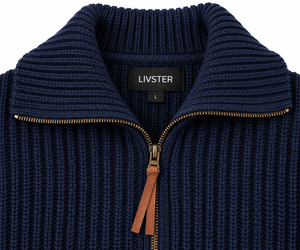 Livster <b>Mens</b> Navy Blue Knitted Full Zip Sweater <b>Jacket</b> With High Ribbed Collar Full Sleeve Winter Pullover Textured Knit Design - Product Image 4