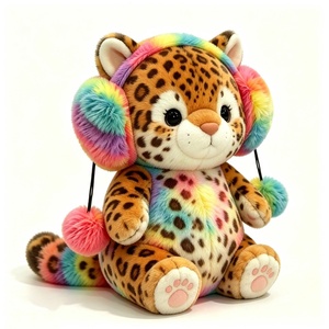 ของเล่นตุ๊กตาเสือดาวหน้ากลมแบบปรับแต่งได้พร้อมที่ปิดหูสีรุ้งสีพาสเทลกำมะหยี่เสือดาวนุ่มมีจุดสีน้ำตาลและสีรุ้ง - Product Image 3