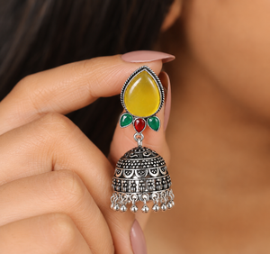 Antique Oxidized Silver <b>Cat</b> Eye Stone Jhumka <b>Earrings</b> Handmade Indian Traditional Jewelry for Women - Product Image 6