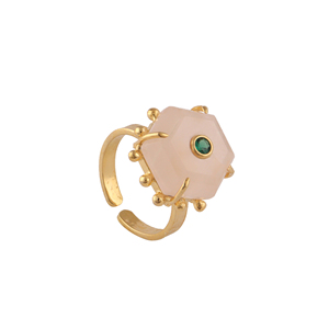 Modern jewelry natural rose quartz with emerald cz hexagon cut <b>ring</b> beaded designer 18k gold plated <b>adjustable</b> <b>ring</b> for women - Product Image 1