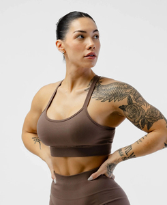 Ensemble de yoga 2 pièces marron uni sur mesure pour femme : Crop top dos nageur et leggings taille haute sans couture en Spandex et Polyester, longueur intégrale - Product Image 3