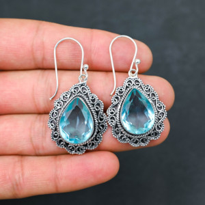 Customised Blue Topaz LAB-CREATED 925 Sterling Silver <b>Earrings</b> 1.9" <b>Handmade</b> Gemstone Jewelry Antique Fine <b>Earring</b> Gift for Wome - Product Image 2