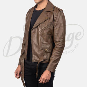 Veste de motard en cuir marron de qualité supérieure pour homme, en véritable peau de mouton, avec fermeture éclair asymétrique et ceinture, style sport et mode - Product Image 5