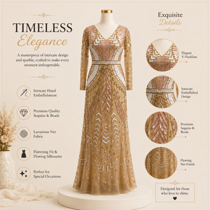 Vestido de Noche de Lujo con Cuello en V y Adornos Dorados para Mujer, Vestido de Sirena con Lentejuelas y Cuentas, Manga Larga, para Fiesta Formal, Boda, Recepción - Product Image 5