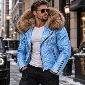 Chaqueta de Cuero de Pitón Premium para Hombre, con Capucha de Piel de Zorro Auténtica, Estilo Motero |   Chaqueta de Cuero para Motociclista para Hombre |   Chaqueta de Cuero para Hombre - Product Image 5
