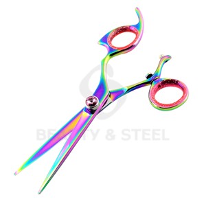 Ciseaux de coiffure professionnels en titane arc-en-ciel avec pivot orné de pierres roses et inserts de bagues scintillantes - Product Image 1