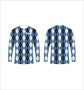 Camiseta Deportiva Ligera de Manga Larga Sublimada Personalizada con Patrón Argyle Azul, Blanco y Negro, Proveedor de Ropa al Por Mayor - Product Image 1