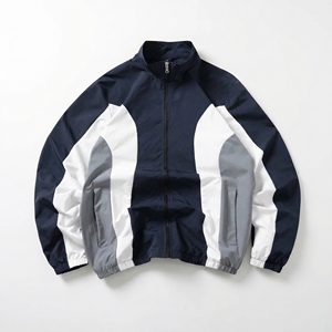 Chaqueta Deportiva Color Gris Marino y Blanco — Chaqueta Ligera con Cierre y Detalles de Paneles y Dobladillo Elástico |   Unisex OEM/ODM Marca Privada - Product Image 1