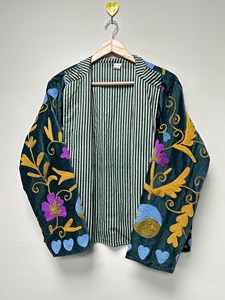 Chaqueta Bohemia de Terciopelo Verde Azulado con Bordado Floral, Cuello Alto, Manga Larga, Ropa de Abrigo Otoñal para Mujer - Product Image 3
