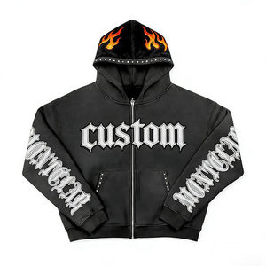 Embroidered Sleeves Rhinestone Screen Print Distressed Winter Zipper Hoodie Vintage Wash <b>Zip</b> <b>Hooded</b> Unisex Streetwear - Product Image 4