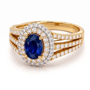 Lab Blue Oval Sapphire Gemstone Halo <b>Ring</b> Double Diamond <b>Split</b> Shank Yellow Gold IGI Certified Statement Engagement <b>Ring</b> - Product Image 1
