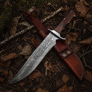 Couteau Bowie de camping artisanal personnalisé en acier Damas avec manche en bois et étui en cuir 15 pouces, OEM disponible - Product Image 1