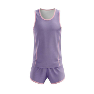 Conjunto de camiseta sin mangas y pantalones cortos morados para mujer, cintura elástica que absorbe la humedad, ajuste regular, ropa deportiva de color sólido para todas las estaciones - Product Image 3