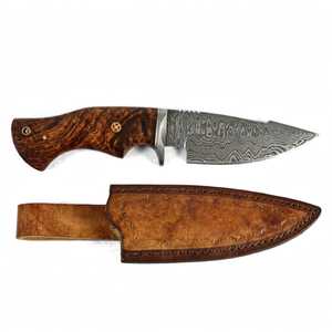 Couteau utilitaire d'extérieur personnalisé fait main en acier Damas à lame fixe avec manche en bois de burl et étui en cuir - Product Image 5