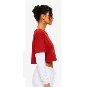 T-shirt court à épaules dénudées double couche avec imprimé strass et manches doubles, 100 % coton, coupe ample pour femme - Product Image 3