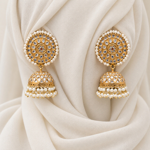 Pendientes Jhumka Redondos Chapados en Oro Estilo Kundan con Perlas de Imitación, Joyería Tradicional Pakistaní para Bodas, Venta al por Mayor de Fábrica - Product Image 1