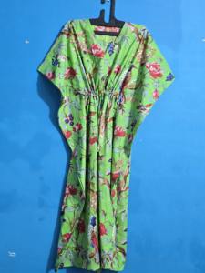 Vestido Kaftán de Algodón 100% de la India para Mujer, Talla Única, Estampado de Pájaros Verdes, Suave, Holgado, Cintura Elástica, para Uso Diario - Product Image 2