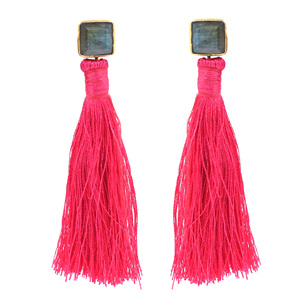 Pendientes Largos con Borlas Rosadas y Piedra de Labradorita Natural, Baño de Oro, para Mujer - Product Image 1