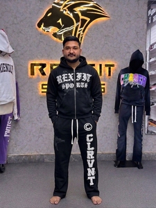 REXFIT SPORTS Men's Black Hooded Tracksuit Full Length Cotton <b>Zipper</b> <b>Sweatshirt</b> Pants Embroidery Letter Streetwear Tracksuits - Product Image 1