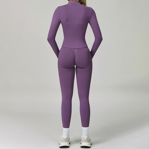 Women Red Yoga Set High Waist <b>Leggings</b> <b>Crop</b> Top Long Sleeve Zipper Front Seamless Sportwear Full Length Solid Color - Product Image 3