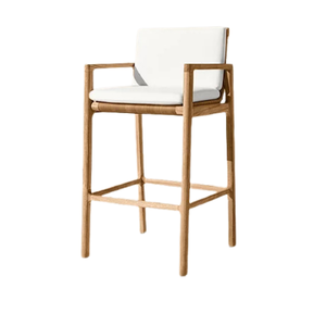 Modern Coastal Solid Teak Bar Chair Natural Rattan Back Premium Upholstered <b>Seat</b> Comfortable Luxury Counter <b>Stool</b> Design - Product Image 5