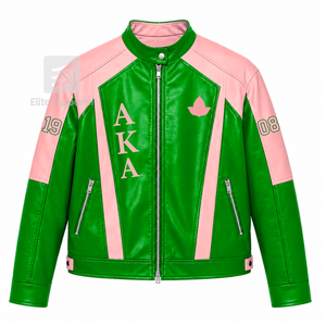 Veste en cuir personnalisée Alpha Kapa Alpha Sorority rose et verte avec logo brodé, style décontracté pour femme, doublure en polyester - Product Image 1