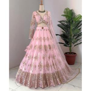 LEHENGA CHOLI DESIGNER EN TISSU RÉSEAU AVEC TRAVAIL DE SÉQUENCE ET DUPATTA ROSE BABY - Product Image 1