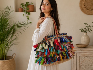 Sac fourre-tout en jute fait main, coloré, en tissu recyclé, style bohème, pour la plage, l'hiver, avec fermeture éclair, portable, avec chaînes, écologique, sac de shopping - Product Image 1
