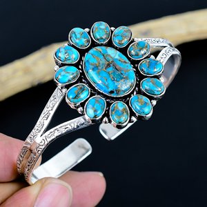 Flower Shape Mohave copper Turquoise Cuff <b>Bracelet</b> 925 sterling silver plated adjustable bangle - Product Image 1